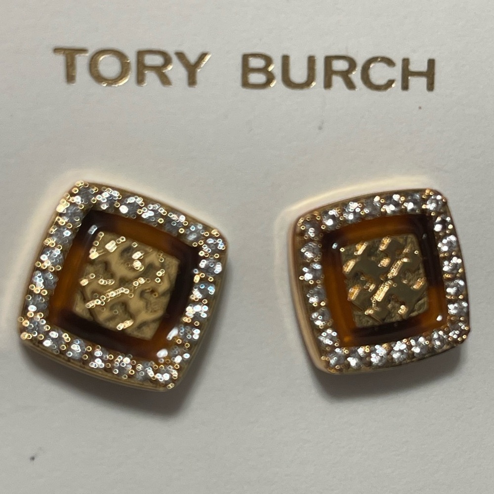 Tory Burch tortoise crystal McCoyLogo stud earrings - Picture 5 of 7